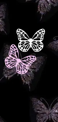 Get a stunning phone wallpaper with a group of colorful butterflies on a black stipple background