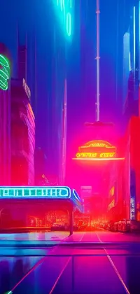 This neon live wallpaper features a bus driving through a retrofuturistic city at night