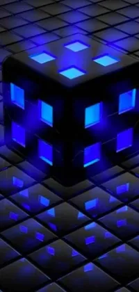This dynamic phone live wallpaper features a lit up cube atop a tiled floor, with flashing binary code across its sides