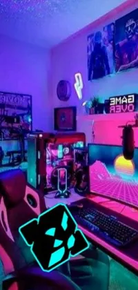 This trendy phone live wallpaper features a vibrant cyberpunk design showcasing a futuristic room with a computer on top of a desk