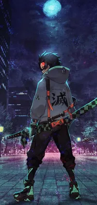 This phone live wallpaper features a cyberpunk art scene of a ninja in a futuristic city at night
