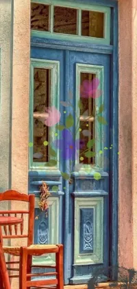 This phone live wallpaper features two cozy wooden chairs sitting outside a beautiful turquoise door