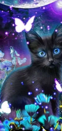 This phone live wallpaper showcases a striking black cat sitting upon a lush green field, surrounded by glowing blue butterflies, intricate flowers, and sparkling crystals