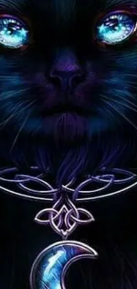 This remarkable live wallpaper boasts a striking black cat with striking blue eyes, surrounded by a glowing purple background with an elegant crescent moon