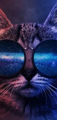 This phone live wallpaper features a digital illustration of a cool cat wearing sunglasses