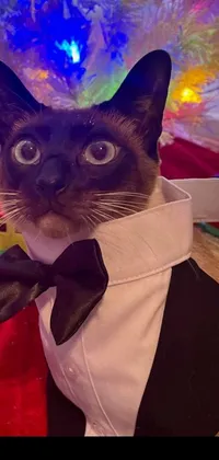 This live wallpaper features an aesthetic Siamese cat in a tuxedo, wearing a collar and bowtie, standing in front of a Christmas tree in a cozy living room