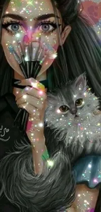 This live wallpaper features a furry art painting of an elegant woman holding a cat and a fan using airbrush techniques