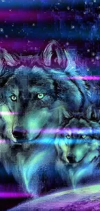 This phone live wallpaper showcases two wolves side by side against a stunningly psychedelic background