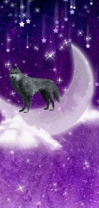 This wolf on moon live wallpaper features a majestic wolf standing atop the moon in a magical, purple sky