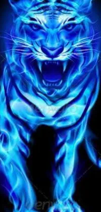 This live wallpaper depicts a dazzling blue fire tiger on a black background with a neon atmosphere and blue skin