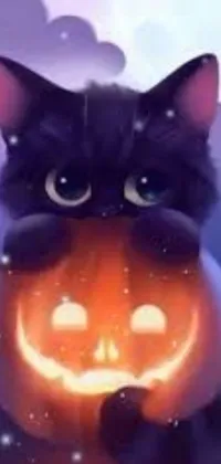 Enjoy a spooky Halloween-themed live wallpaper for your phone! Featuring a black cat perched on a pumpkin, this digital image is sourced from Reddit and boasts a 240p resolution
