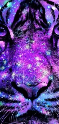 This phone live wallpaper offers a striking and vibrant close-up of a purple tiger's face amidst a psychedelic, starry background