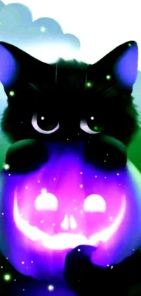 This phone live wallpaper features a mesmerizing digital art of a black cat sitting on a purple ball