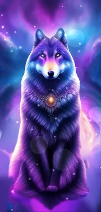 This live wallpaper showcases the stunning image of a wolf sitting on a colorful galaxy backdrop