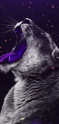 This phone live wallpaper showcases a fierce big cat with its mouth open in front of a captivating violet battlefield