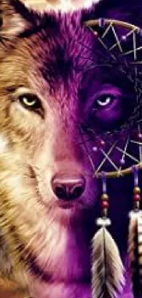 This live wallpaper features an ultra-realistic depiction of a powerful wolf with a dream catcher in soothing shades of purple