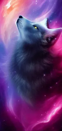 This phone live wallpaper showcases a stunning artwork of a wolf gazing at a starry sky, with a reddish-purple space nebula in the backdrop