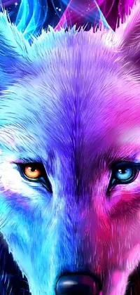 This phone live wallpaper features a stunning close-up of a wolf with vibrant blue eyes