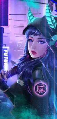 Get ready to upgrade your phone wallpaper with this fierce and edgy design! This cyberpunk artwork showcases a woman holding a baseball bat on a city street, surrounded by a bustling futuristic cyber-world