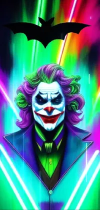 This live wallpaper for your phone showcases an impressive digital artwork of a joker with neon lights