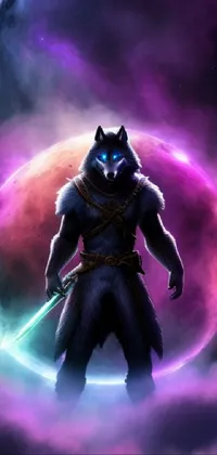 This phone wallpaper showcases a husky warrior in shining armor holding a sword, against a cityscape backdrop flared with neon-noir hues of blue and purple, set against a full moon
