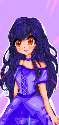 Add a touch of magical charm to your phone with this anime girl live wallpaper! With vibrant, dark wavy hair and a beautiful purple dress, this charming pixel art design adds a unique flair to your phone's wallpaper selection