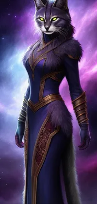 This phone live wallpaper showcases a stunning character portrait of a woman in a flowing long dress with a majestic cat perched on her shoulder, set against a galactic crusader in shiny armor
