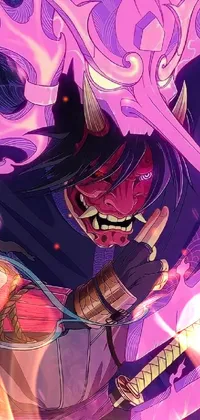 This stunning phone live wallpaper features a close up of a person holding a sword, against a colorful background filled with a psychedelic laughing demon and black bull samurai inspiration