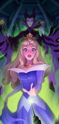 This phone live wallpaper features a stunning cartoon depiction of Sleeping Beauty, a Disney princess, accompanied by a dark and evil villain in the background