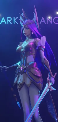 This dynamic phone live wallpaper boasts a captivating image of a woman holding a sword while standing confidently on a stage