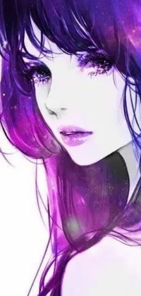 This striking phone live wallpaper features an anime drawing of a girl with purple hair and bright blue eyes set against a galaxy backdrop
