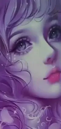 This live wallpaper showcases a stunning anime-inspired close-up featuring a woman with vibrant purple hair
