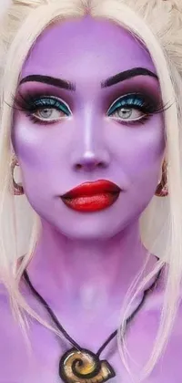 This phone live wallpaper showcases a close-up of a woman with striking purple makeup