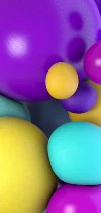 This polycount phone live wallpaper features a playful design of colorful balloons in a yellow and purple color scheme