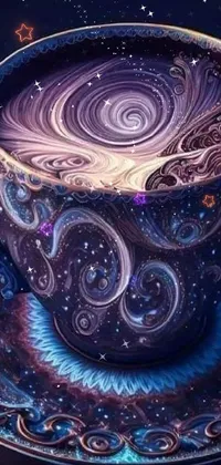Get lost in a mesmerizing live wallpaper of a photorealistic cup of coffee on a saucer amidst swirls of magic and purple smoke