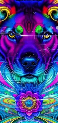 This phone live wallpaper is a stunning and colorful painting of a wolf with intricate abstract designs and psychedelic flair