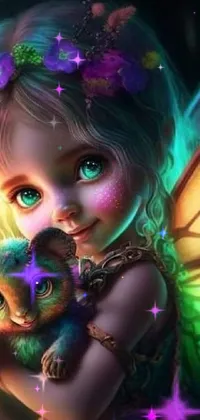 This lively phone live wallpaper is a feast for the eyes with a playful fairy holding a cuddly cat