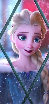 This stunning phone live wallpaper showcases a close up of a frozen princess gazing through a frosty window
