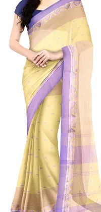 This phone live wallpaper showcases a stunning illustration of a woman wearing a vibrant yellow and purple sari on a dreamy pastel background