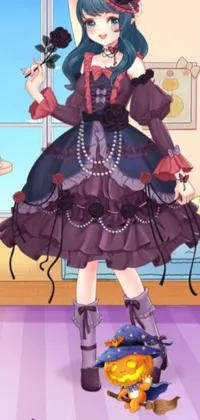 This phone live wallpaper features an enchanting woman in a rococo-style black and violet costume, standing next to a cute cat in a beautifully decorated room