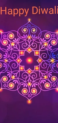This vivid phone live wallpaper showcases a striking purple background with the phrase "happy diwali" in celebration of the Indian festival of lights