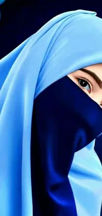 This trendy phone live wallpaper showcases a gorgeous girl wearing a mesmerizing blue hijab, created using vector art for a modern look