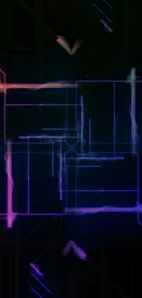 This phone live wallpaper features a dynamic and mesmerizing room filled with colorful lights and bold digital art inspired by geometric shapes