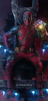 This live phone wallpaper is a pop culture explosion, featuring a character dressed as Deadpool sitting on a throne