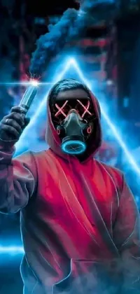 This phone live wallpaper features an intimidating figure wearing a gas mask and holding a knife in a neon red and blue setting