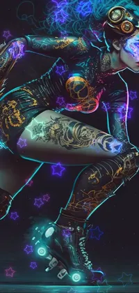 This phone live wallpaper features a powerful cyberpunk skateboarder with skulls at her hips in a futuristic cityscape setting