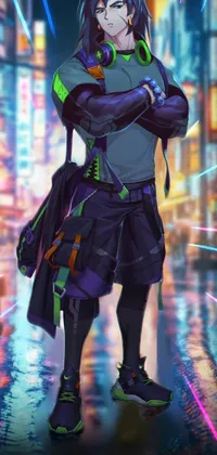 This live phone wallpaper features two anime characters hugging in the rain, surrounded by cyberpunk-inspired art