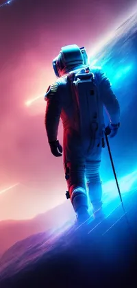 This stunning live phone wallpaper features a man in a white and silver space suit standing in front of a distant planet