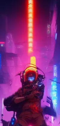 This phone live wallpaper depicts a stunning cyberpunk art piece featuring a man wearing a futuristic helmet and standing amidst the bustling city at night