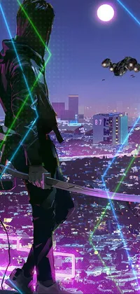 This urban live wallpaper depicts a man in high-tech armor, standing on a rooftop overlooking a neon-lit cyberpunk city at night